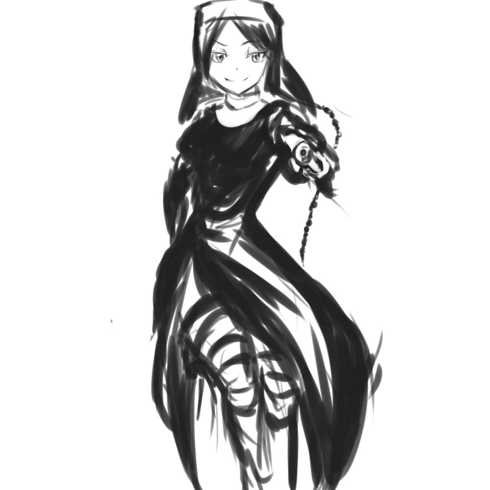 1girl, drawfag, gun, habit, long_hair, monochrome, nun, pistol, shinatsuhiko_yae, side_slit, solo, striped, striped_legwear, thigh-highs, thighhighs, weapon, yozakura_quartet