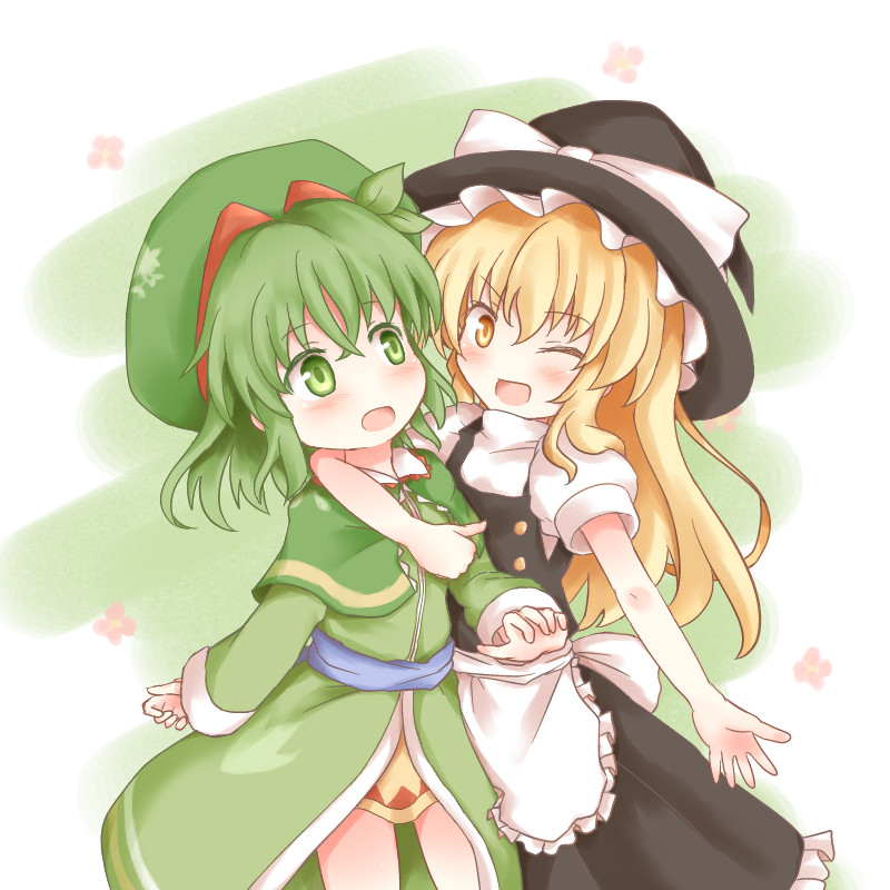 arm_around_neck, blonde_hair, blush, capelet, green_eyes, green_hair, hat, kirisame_marisa