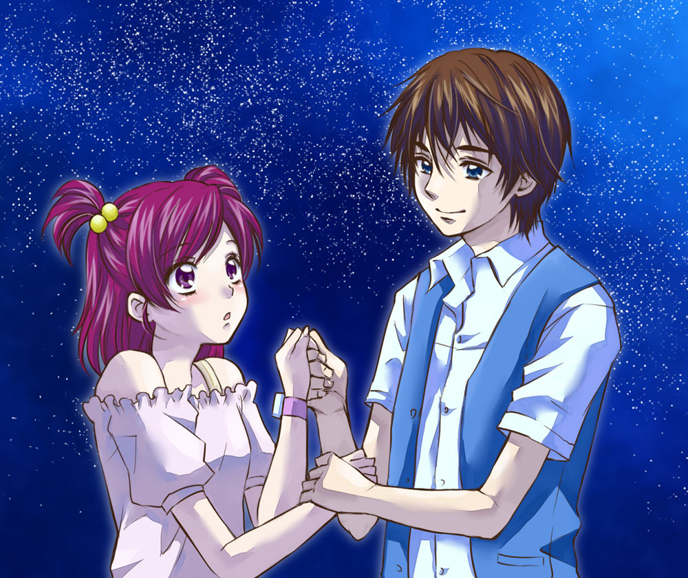 1boy, 1girl, age_difference, blue_eyes, brown_hair, hair_bobbles, hair_ornament, hand_holding, hetero, holding_hands, kokoda_kouji, night, pink_eyes, pink_hair, precure, sarukimo, short_hair, sky, starts, yes!_precure_5, yumehara_nozomi