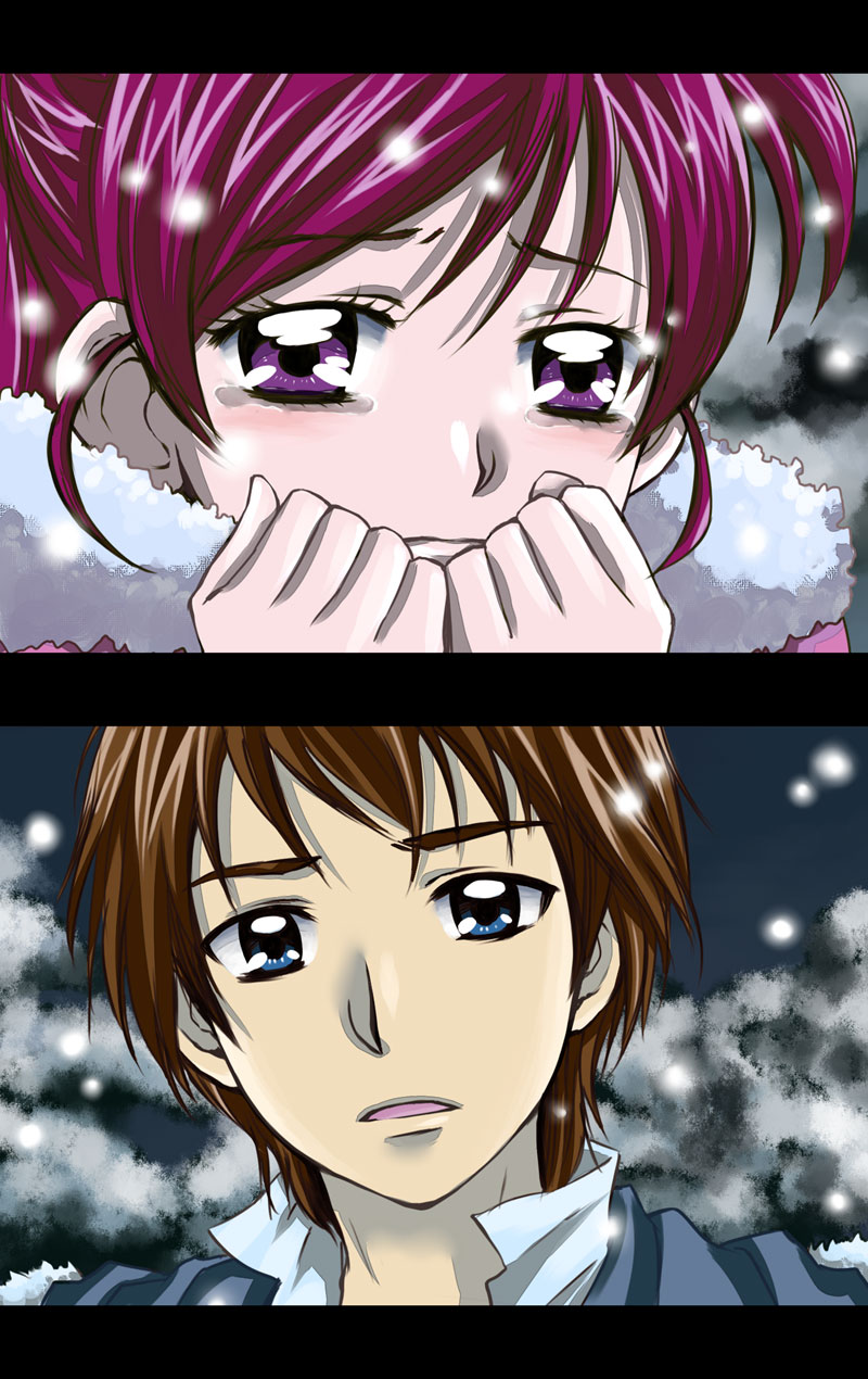 1boy, 1girl, blue_eyes, brown_hair, highres, kokoda_kouji, pink_eyes, pink_hair, precure, sarukimo, short_hair, tears, yes!_precure_5, yumehara_nozomi