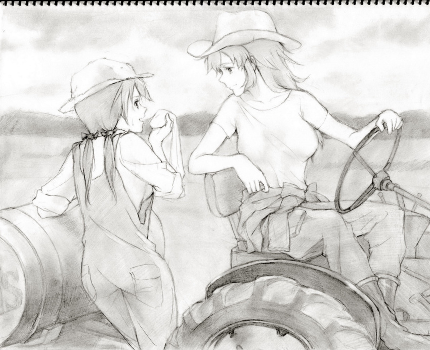 alternate_reality, charlotte_e_yeager, gertrud_barkhorn, hat, kisetsu, long_hair, monochrome, multiple_girls