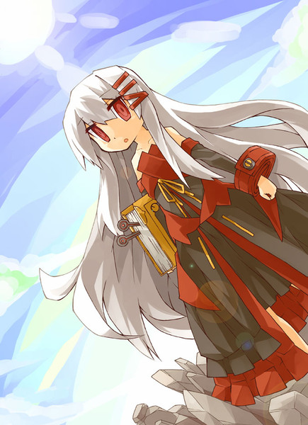 albino, attouteki_yuugi_mugen_souls, bare_shoulders, bellaria, berlius, book, detached_sleeves, dress, dutch_angle, long_hair, red_eyes, solo, white_hair