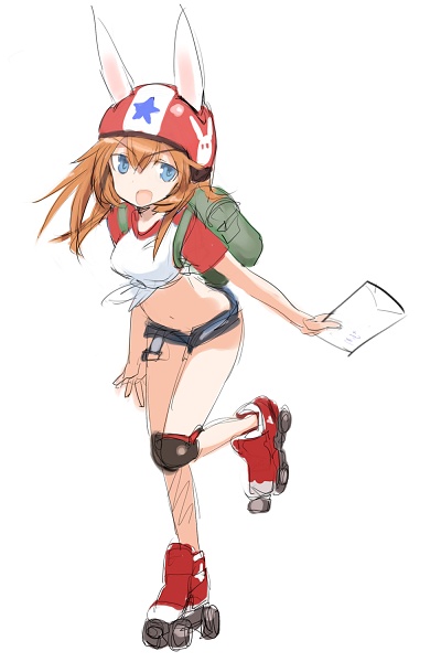 animal_ears, animal_print, backpack, bag, belt, blue_eyes, brown_hair, bunny_ears