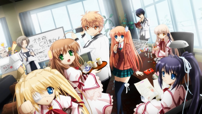 black_hair, blonde_hair, blue_eyes, brown_eyes, brown_hair, eyepatch, green_eyes, group