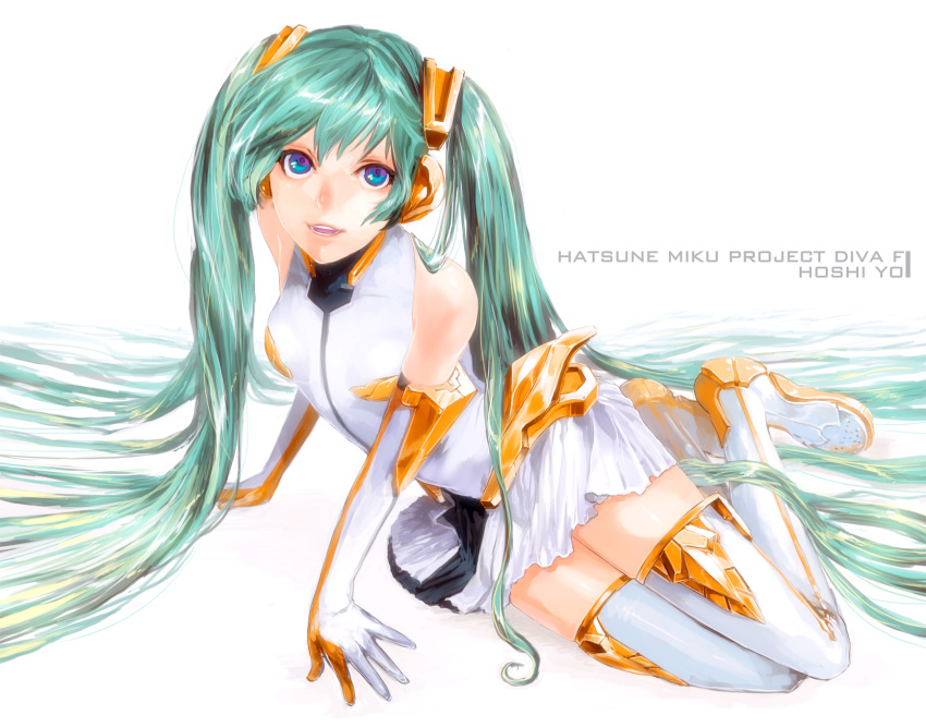 1girl, blue_eyes, boots, character_name, elbow_gloves, gloves, green_hair, hatsune_miku