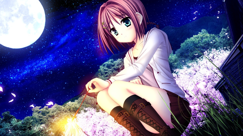 akizuki_tsukasa, aqua_eyes, blush, boots, braids, cherry_blossoms, fire, flower, game_cg, grass, haruno_tsubame, moon, night, petals, pink_hair, sakura_sakimashita, short_hair, skirt, sky, sorahane, stars
