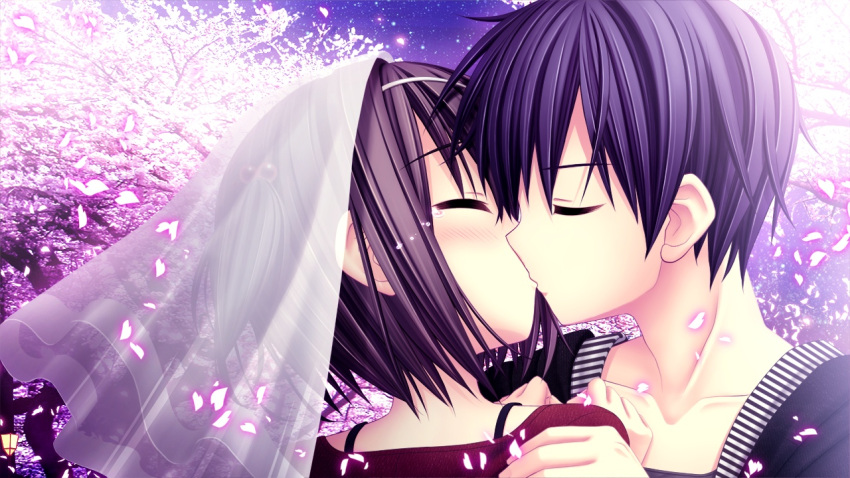 akizuki_tsukasa, black_hair, blush, brown_hair, cherry_blossoms, game_cg, karasuma_kanade, kiss, night, sakura_sakimashita, short_hair, sky, sorahane, tears