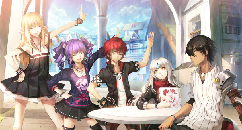 3girls, aisha_(elsword), black_hair, blonde_hair, book, bracelet, casual, closed_eyes