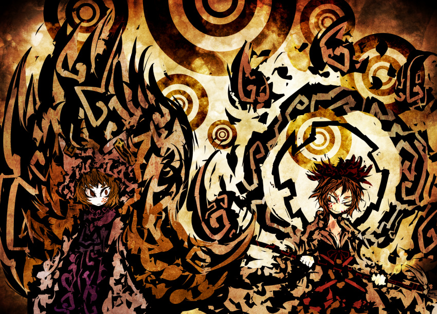 blonde_hair, brown_hair, f7(eiki), fox_tail, foxgirl, highres, multiple_girls, multiple_tails