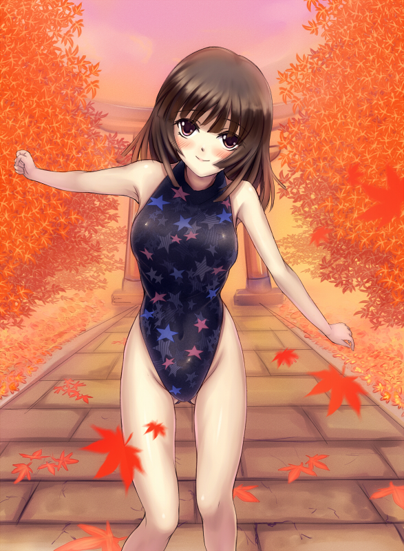 bakemonogatari, brown_eyes, brown_hair, competition_swimsuit, highleg, highleg_swimsuit, monogatari_(series), one-piece_swimsuit