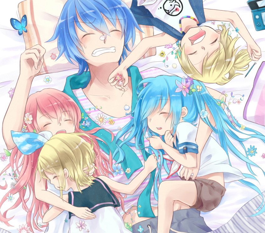 blue_hair, butterfly, flower, hair_ornament, hair_ribbon, hatsune_miku, highres, kagamine_len, kagamine_rin, kaito, koma_(remi_398), megurine_luka, messy_hair, nintendo_ds, pillow, pink_hair, ribbon, saliva, scarf, siblings, sleeping, twins, twintails, vocaloid, young