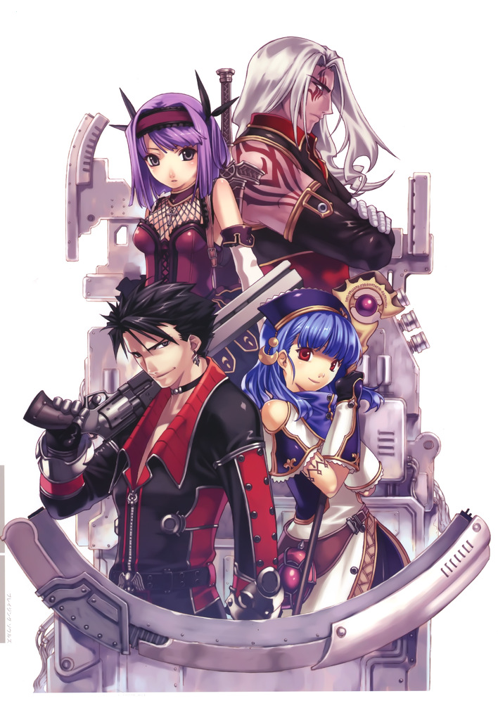 2girls, adel_(blazing_souls), alia_(blazing_souls), black_eyes, black_hair, blazing_souls, blue_hair, choker