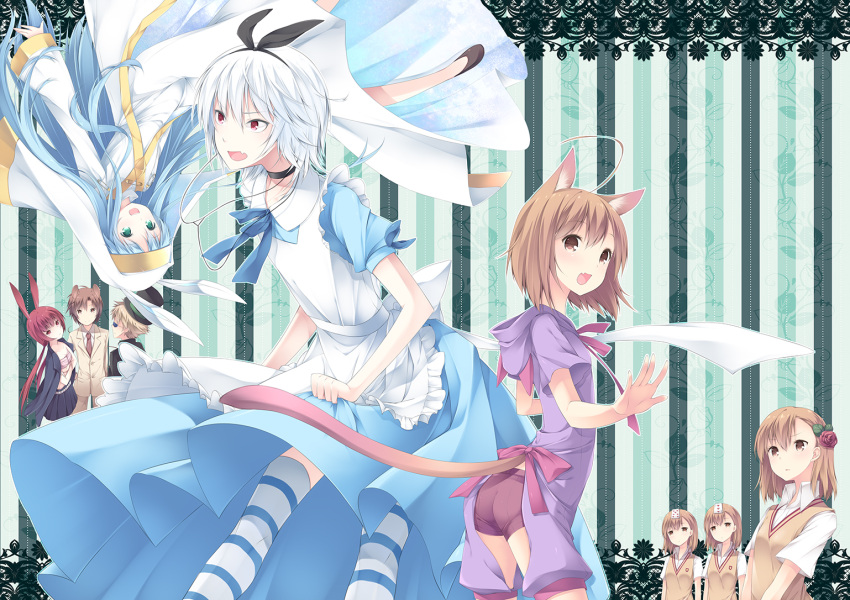 ahoge, alice_in_wonderland, animal_ears, blue_hair, brown_eyes, brown_hair, bunny_ears, card