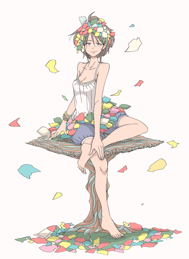 bare_shoulders, barefoot, breasts, brown_eyes, brown_hair, cleavage, crossed_legs, error, flower, legs_crossed, original, petals, shigetoshisss, short_hair, sitting, smile, smirk, solo