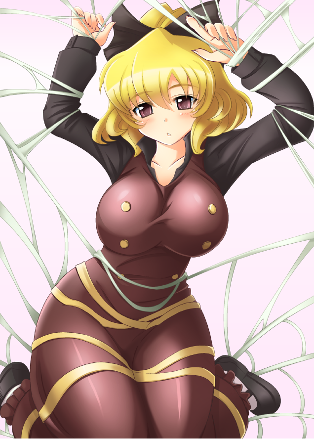 arms_up, blonde_hair, blush, bow, breasts, collarbone, hair_bow, kurodani_yamame