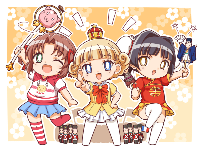 /\/\/\, 3girls, :d, baby_princess, black_hair, blonde_hair, blue_eyes, bow