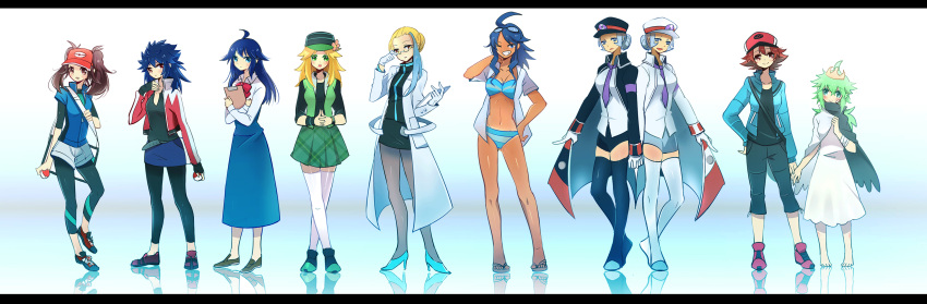 adjusting_glasses, ahoge, akuroma_(pokemon), alternate_hair_color, bag, barefoot, baseball_cap, belt, bikini, black_legwear, blonde_hair, blue_hair, bowtie, brown_hair, cheren_(pokemon), crown, dress, fingerless_gloves, flower, genderswap, glasses, gloves, goggles, goggles_on_head, green_hair, grin, hat, hat_flower, height_difference, high_heels, highres, holding, holding_poke_ball, hue_(pokemon), jacket, kudari_(pokemon), kyouhei_(pokemon), labcoat, leggings, letterboxed, long_hair, long_image, looking_at_viewer, multicolored_hair, multiple_girls, n_(pokemon), necktie, nobori_(pokemon), open_mouth, pantyhose, poke_ball, pokemon, pokemon_(game), pokemon_bw, pokemon_bw2, reflection, sekimo, shirt, shizui_(pokemon), shoes, shoulder_bag, silver_hair, skirt, smile, sneakers, striped, striped_bikini, striped_swimsuit, swimsuit, tan, tetsu_(pokemon), thigh-highs, thighhighs, touya_(pokemon), twintails, visor_cap, white_legwear, wide_image, wink, wristband, zettai_ryouiki