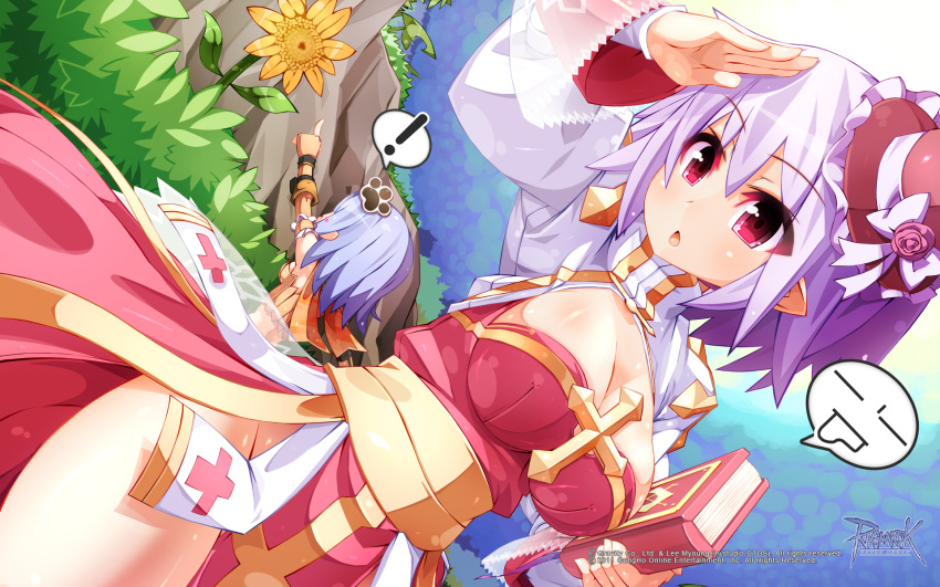 !, alternate_color, archbishop, blue_hair, book, breasts, cleavage, emoticon