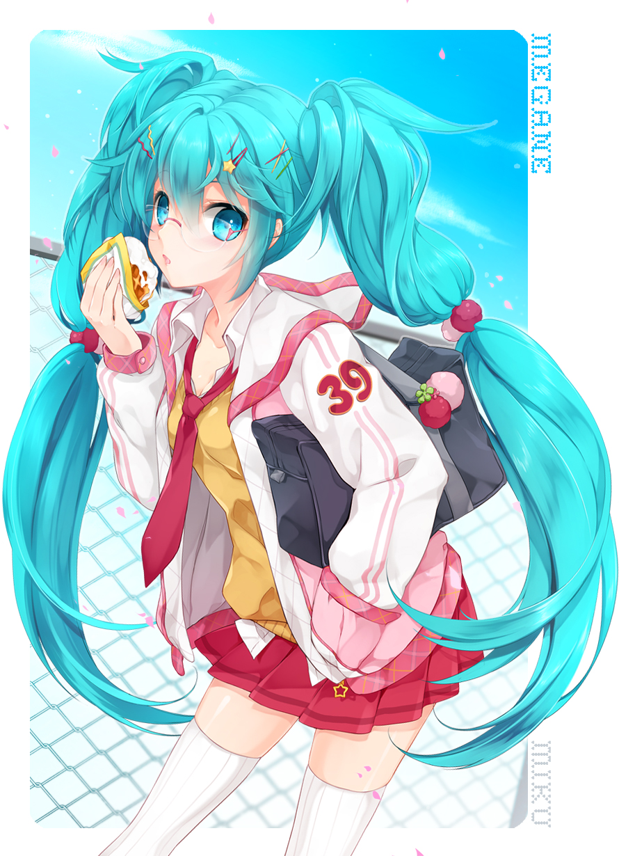 39, aqua_hair, bag, bespectacled, blue_eyes, casual, collarbone, food