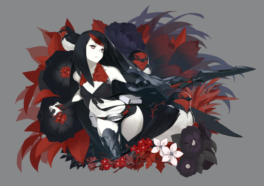 92m, bag, bird, black_hair, breasts, cleavage, crop_top, flower