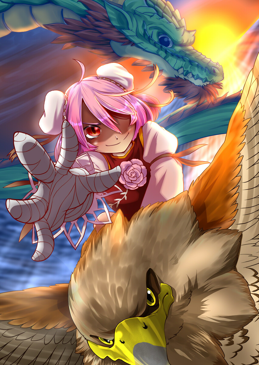 ahoge, animal, bandage, bandages, bird, blue_eyes, double_bun, dragon