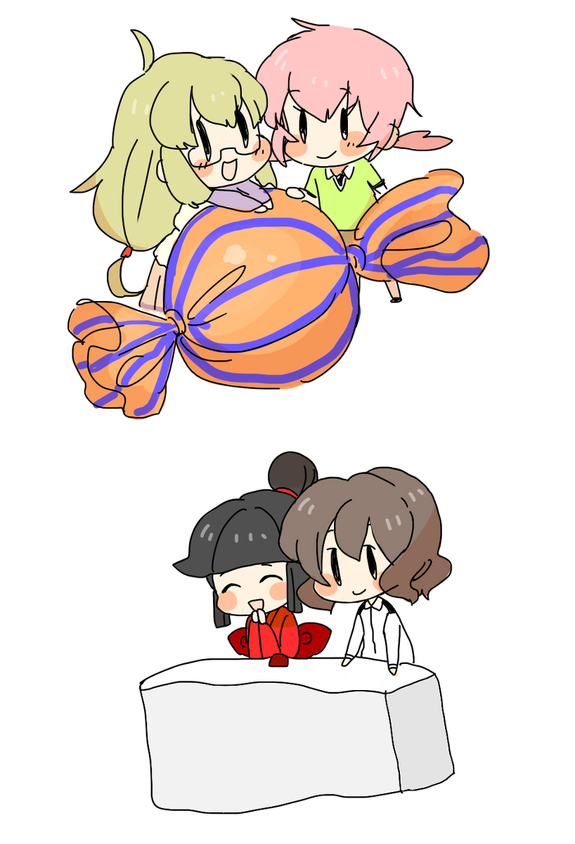 2girls, abrame, black_hair, blonde_hair, brown_hair, candy, glasses, highres