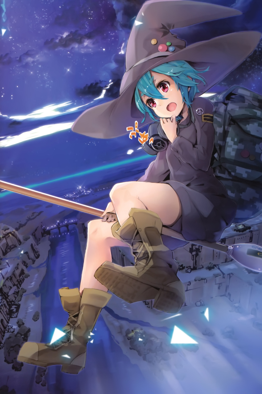 absurdres, blue_hair, boots, broom, broom_riding, cloud, clouds, hat, highres, night, night_sky, open_mouth, original, pink_eyes, rebreather, scan, short_hair, sitting, sky, solo, translated, translation_request, witch, witch_hat, yuugen