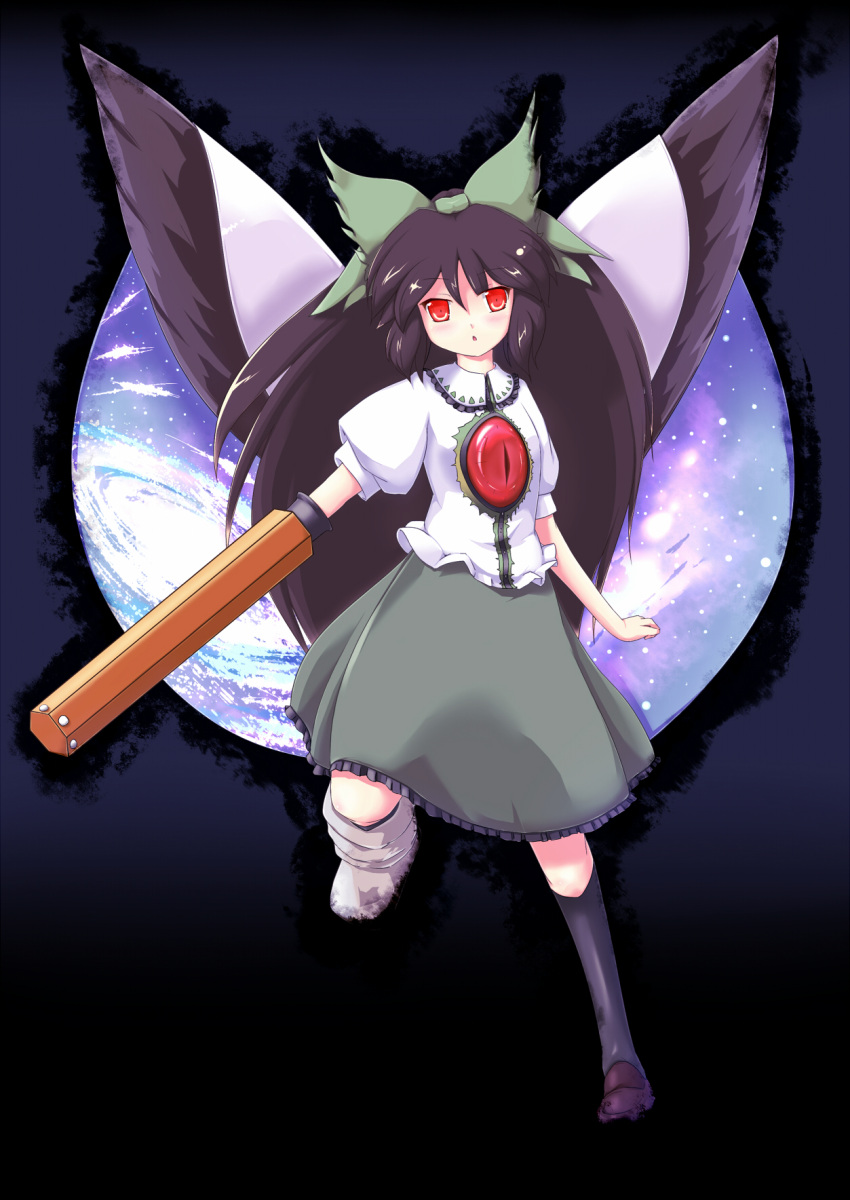 arm_cannon, bird_wings, blush, bow, brown_hair, cape, coo, hair_bow