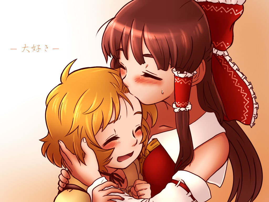 aki_minoriko, aki_shizuha, arana_21, blonde_hair, blush, bow, brown_hair, closed_eyes