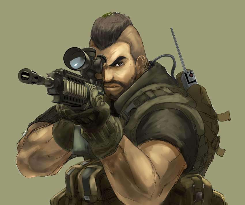 aiming, assault_rifle, backpack, bag, beard, brown_eyes, brown_hair, call_of_duty, call_of_duty:_modern_warfare_2, facial_hair, gloves, gun, m14_ebr, m4_carbine, male, military, military_uniform, mohawk, muscle, operator, painkiller_(artist), rifle, scope, soap_mactavish, tattoo, uniform, weapon