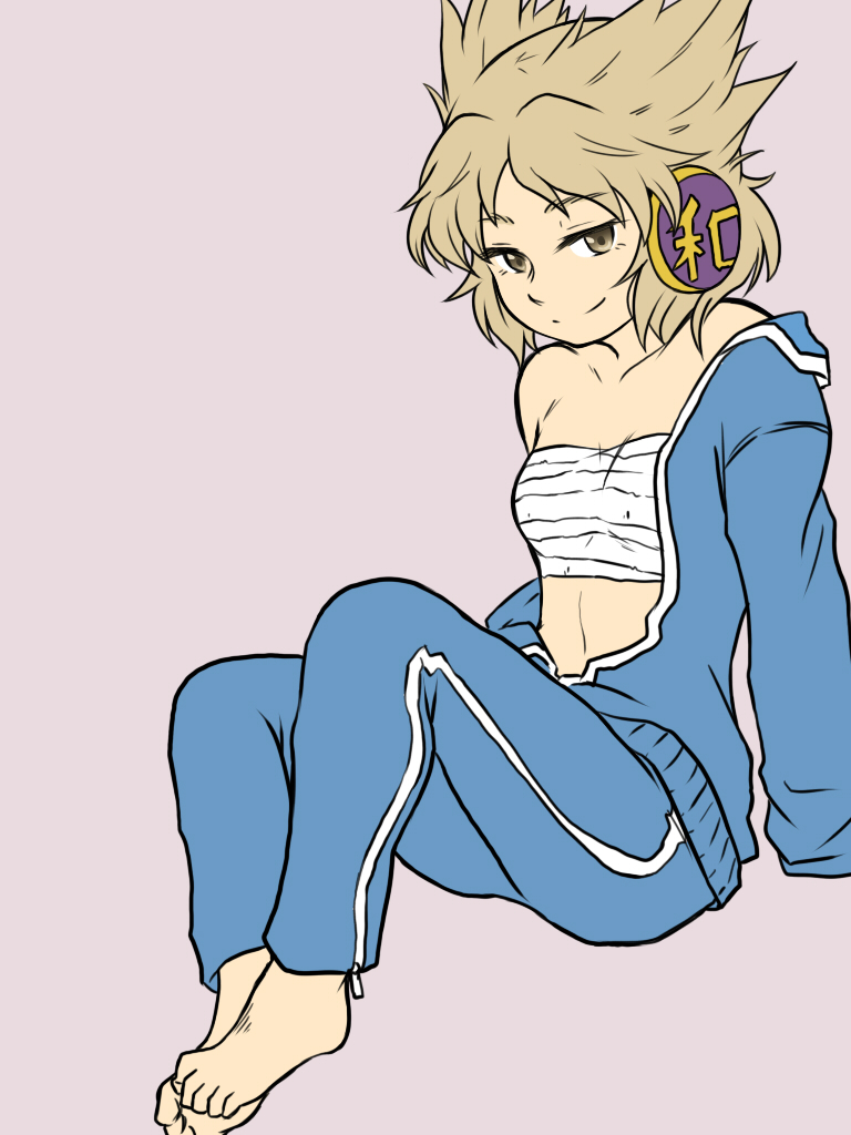 alternate_costume, arana_21, bare_shoulders, barefoot, blonde_hair, collarbone, earmuffs, long_sleeves, mutsuki_(tsugaidanuki), off_shoulder, pink_background, sarashi, short_hair, sitting, smile, solo, touhou, toyosatomimi_no_miko, track_suit, yellow_eyes