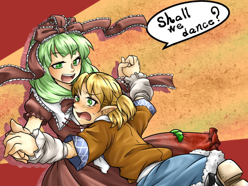 arana_21, blonde_hair, blush, detached_sleeves, english, front_ponytail, green_eyes, green_hair, hand_holding, holding_hands, kagiyama_hina, long_hair, mizuhashi_parsee, multiple_girls, mutsuki_(tsugaidanuki), open_mouth, pointy_ears, ponytail, puffy_sleeves, short_hair, short_sleeves, touhou