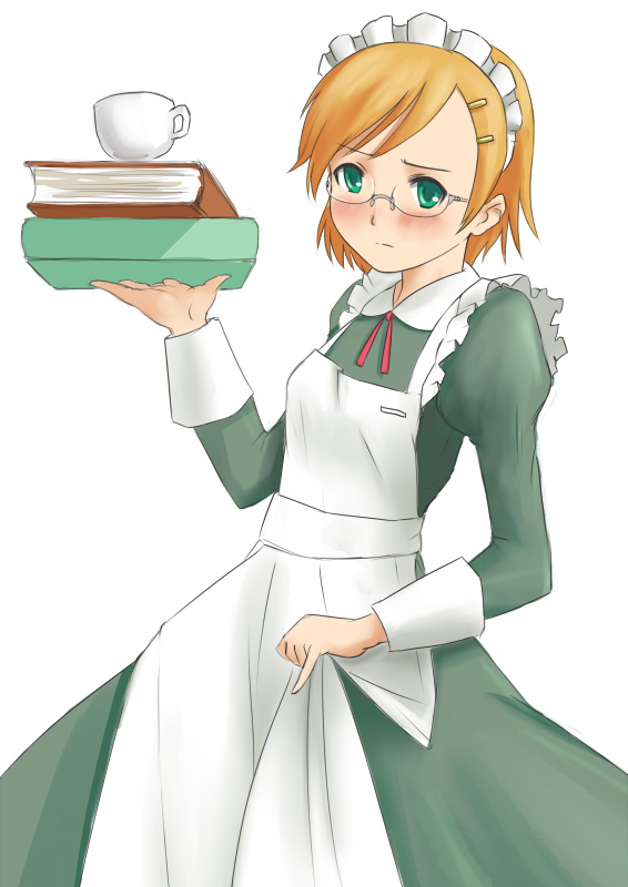 balancing, blush, blushes, book, cup, glasses, godo_tsukumi, godou_tsugumi, green_eyes, maid, pinky_out, teacup, tokimeki_memorial, tokimeki_memorial_4
