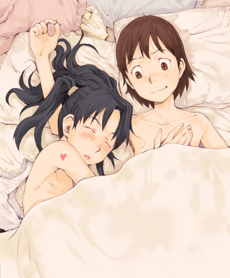 alternate_hair_color, amasawa_yuuko, bare_shoulders, bed, black_hair, blanket, blush, brown_hair