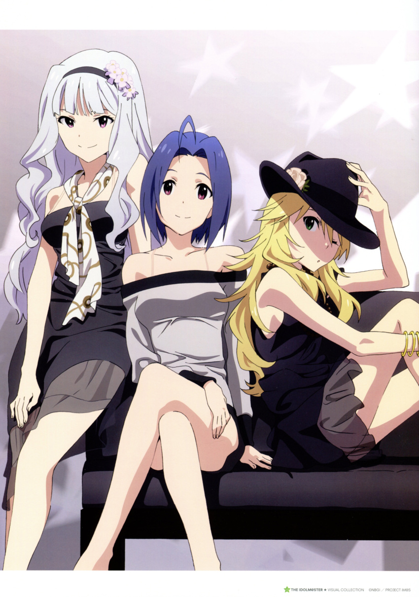 absurdres, ahoge, blonde_hair, blue_hair, bracelet, crossed_legs, dress, green_eyes