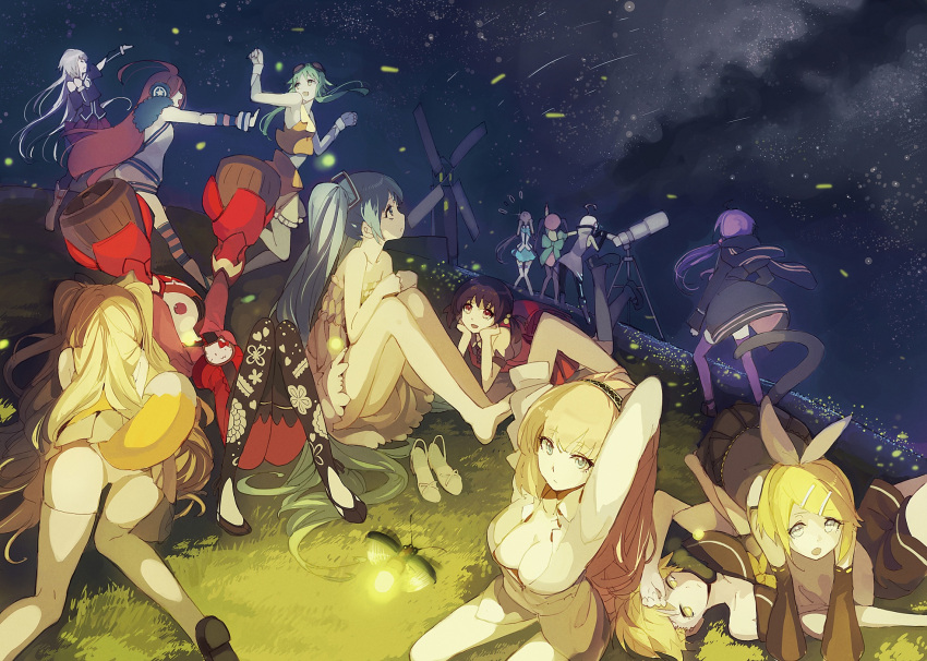 6+girls, aoki_lapis, aqua_hair, arms_up, ass, barefoot, blonde_hair, blue_eyes
