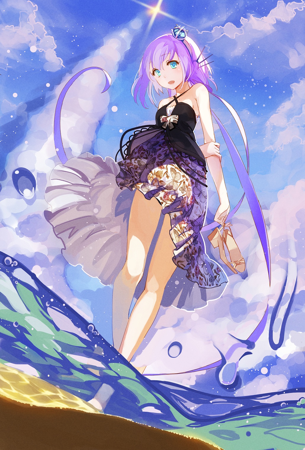 aoki_lapis, arms_behind_back, bare_shoulders, barefoot, blue_eyes, cloud, clouds, dress, dutch_angle, from_below, hair_ornament, highres, holding, holding_arm, holding_shoes, legs, lia-sama, liftoff, long_hair, looking_at_viewer, open_mouth, partially_underwater_shot, print_dress, purple_eyes, purple_hair, shoes, shoes_removed, sky, smile, solo, tourmaline, twintails, very_long_hair, violet_eyes, vocaloid, wading, water, water_droplets, wet_lens