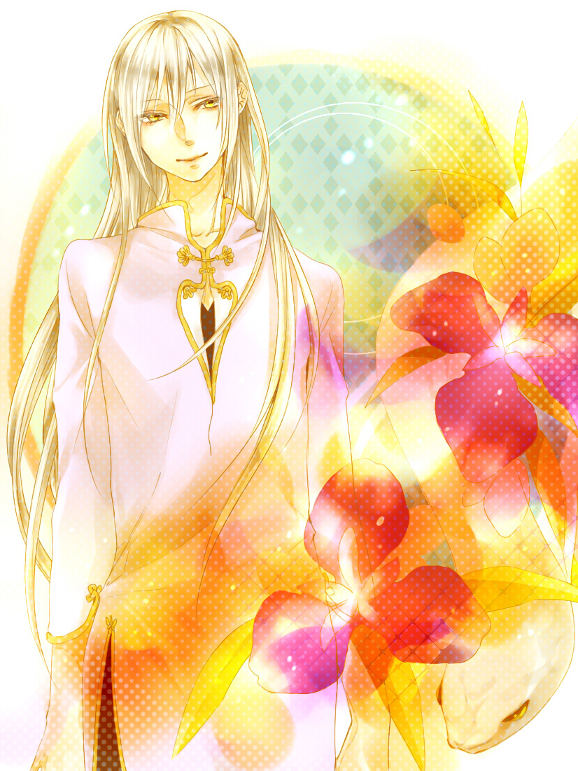 chinese_clothes, flower, fruits_basket, light_smile, long_hair, looking_away, male, minato_iro, silver_hair, solo, souma_ayame, yellow_eyes