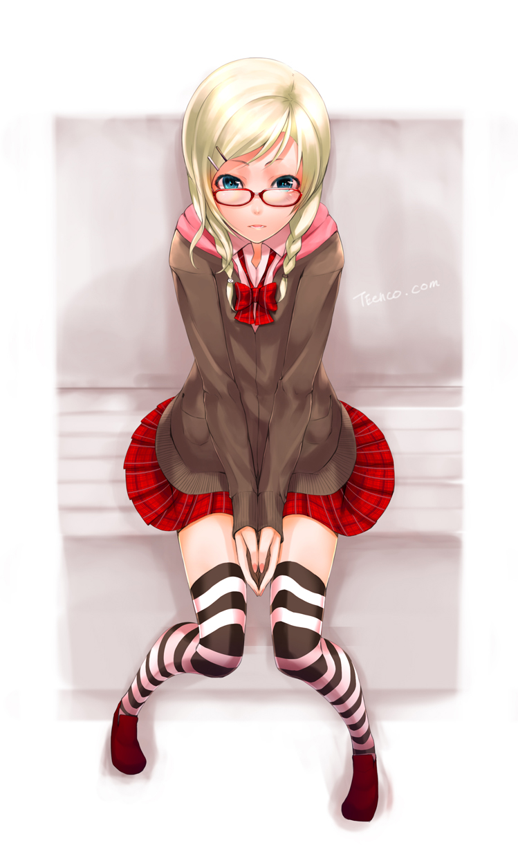 blonde_hair, blue_eyes, braid, cardigan, from_above, glasses, hair_ornament, hairclip, hands_together, highres, hoodie, long_hair, looking_at_viewer, original, plaid, plaid_skirt, pleated_skirt, red-framed_glasses, shiro_(nitto), sitting, skirt, solo, striped, striped_legwear, thigh-highs, thighhighs, twin_braids, zettai_ryouiki
