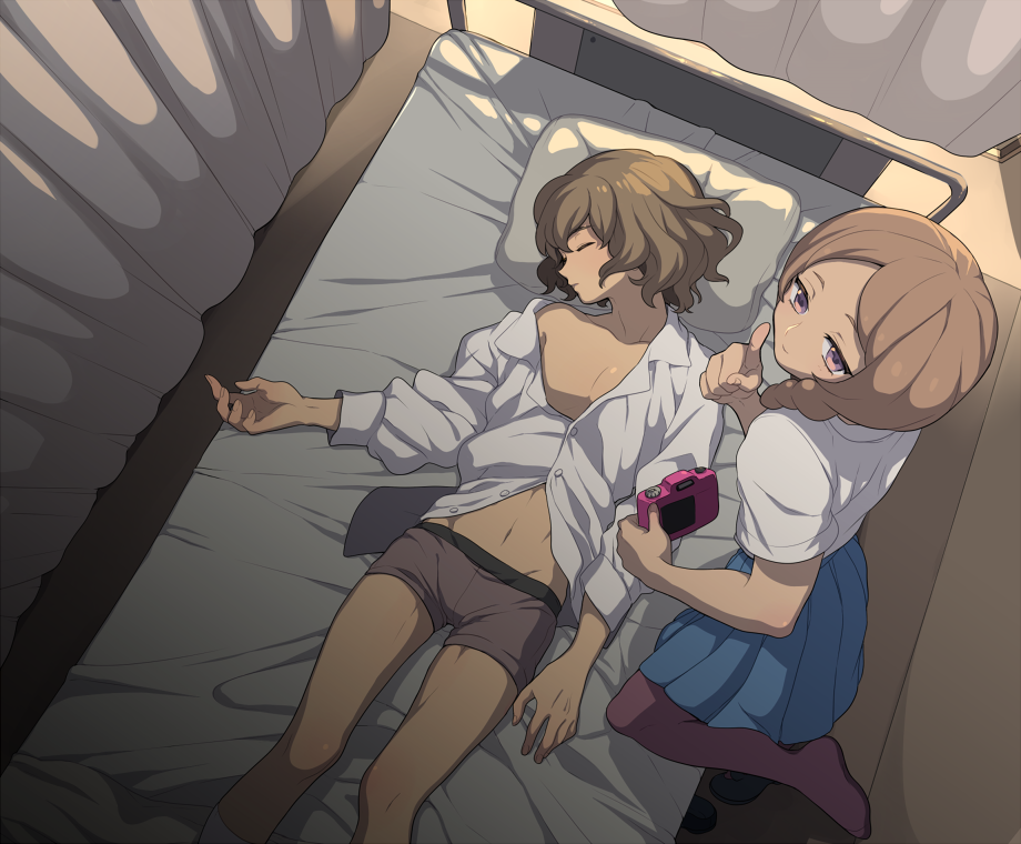 1girl, androgynous, bed, brown_hair, camera, closed_eyes, eyes_closed, from_above