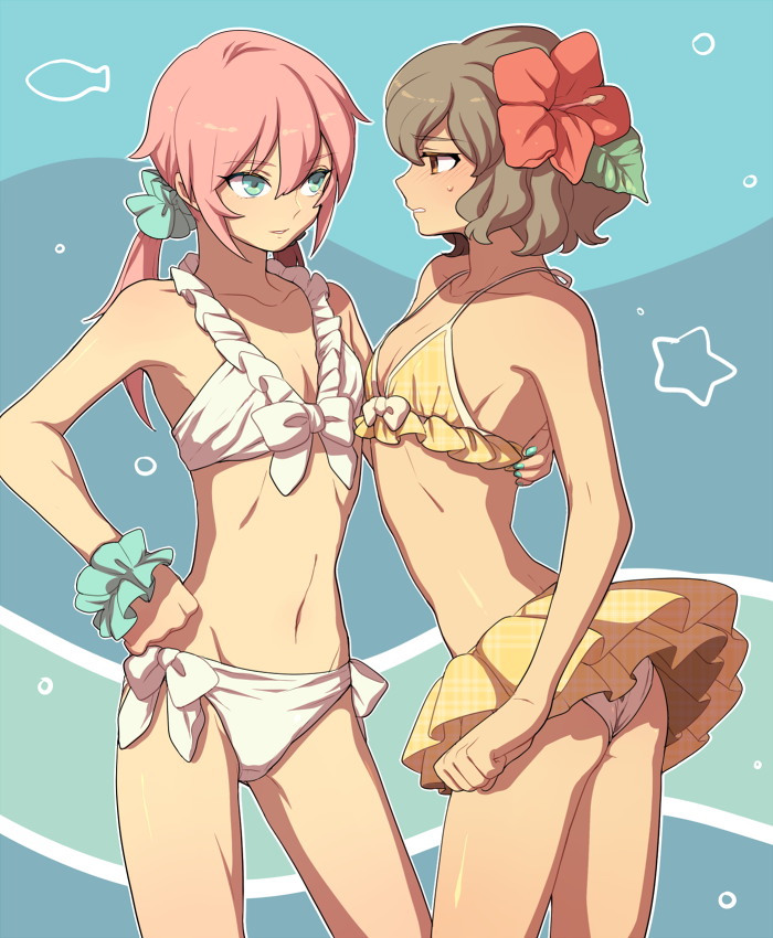 bikini, brown_hair, crossdressinging, flower, hair_flower, hair_ornament, inazuma_eleven, inazuma_eleven_(series)