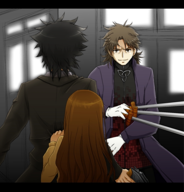 2boys, black_hair, black_keys, brown_hair, emiya_kiritsugu, fate/extra, fate/stay_night, fate/zero