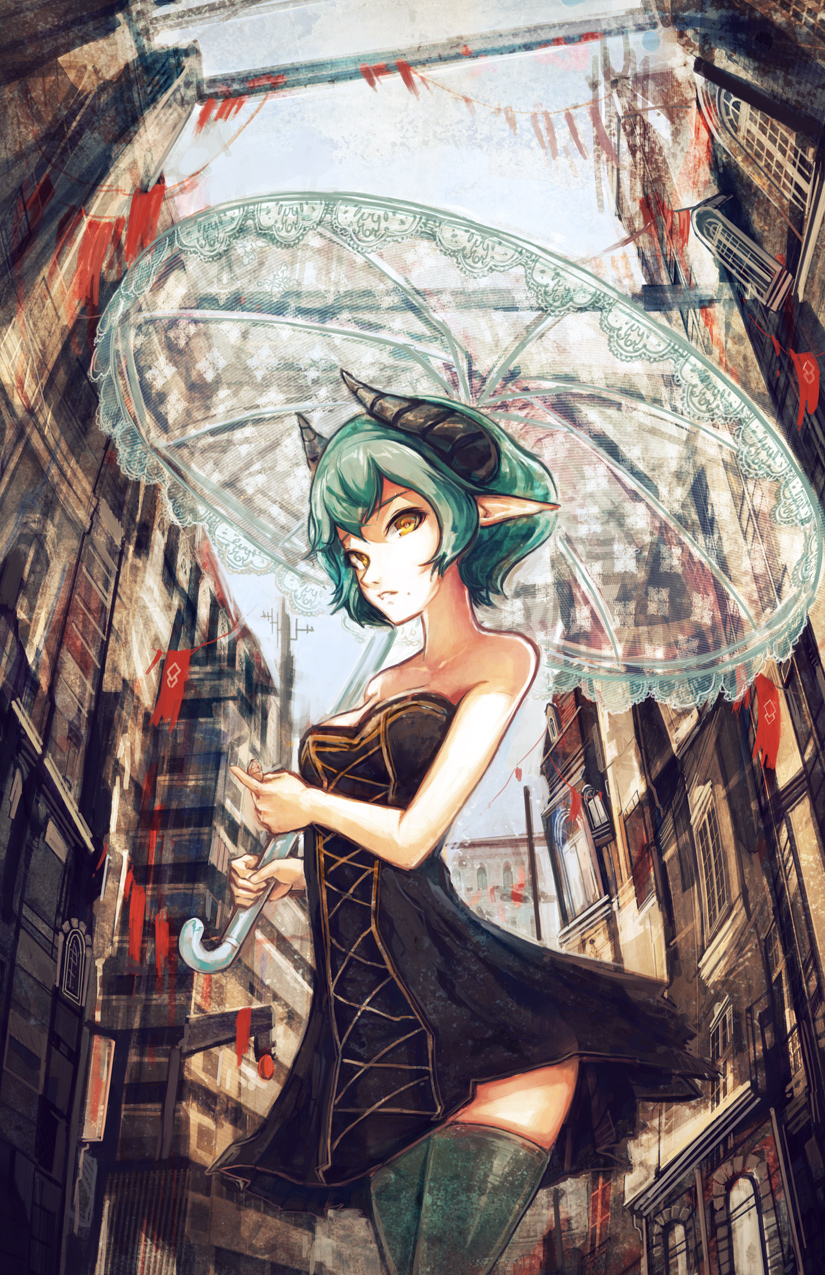 bare_shoulders, city, demon, demon_girl, doomfest, dress, fiend_(juniper's_knot), fiend_(juniper's_knot), green_hair, green_legwear, highres, horns, juniper's_knot, juniper's_knot, original, pointy_ears, see-through, short_hair, solo, strapless_dress, thigh-highs, thighhighs, umbrella, yellow_eyes, zettai_ryouiki