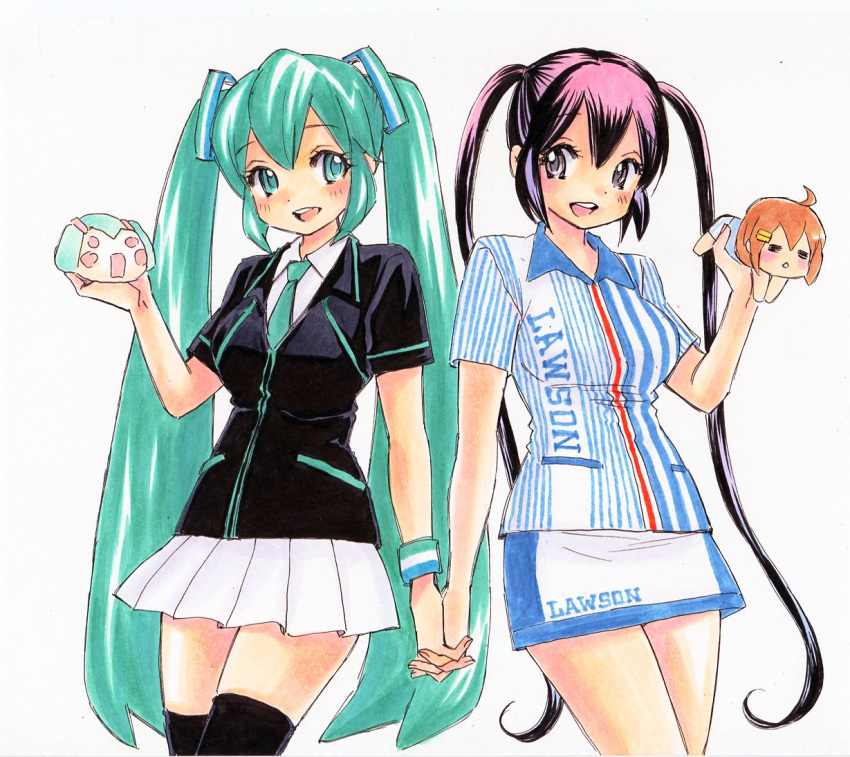 aqua_eyes, aqua_hair, calligraphy_brush_(medium), crossover, family_mart, hand_holding, hatsune_miku, hirasawa_yui