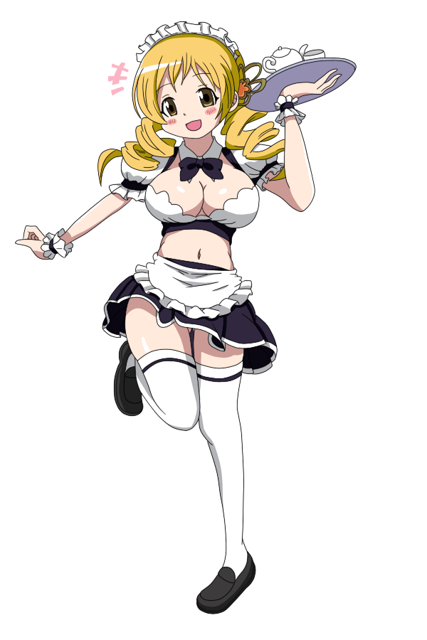 :d, alternate_costume, apron, blonde_hair, blush_stickers, bowtie, breasts, cleavage, detached_collar, drill_hair, enmaided, hoshino., large_breasts, mahou_shoujo_madoka_magica, maid, navel, open_mouth, skirt, smile, solo, thigh-highs, thighhighs, tomoe_mami, tray, twin_drills, wrist_cuffs, yellow_eyes