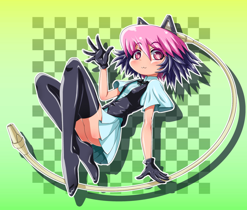 :3, android, black_gloves, black_legwear, cat_ears, checkered, checkered_background, dress