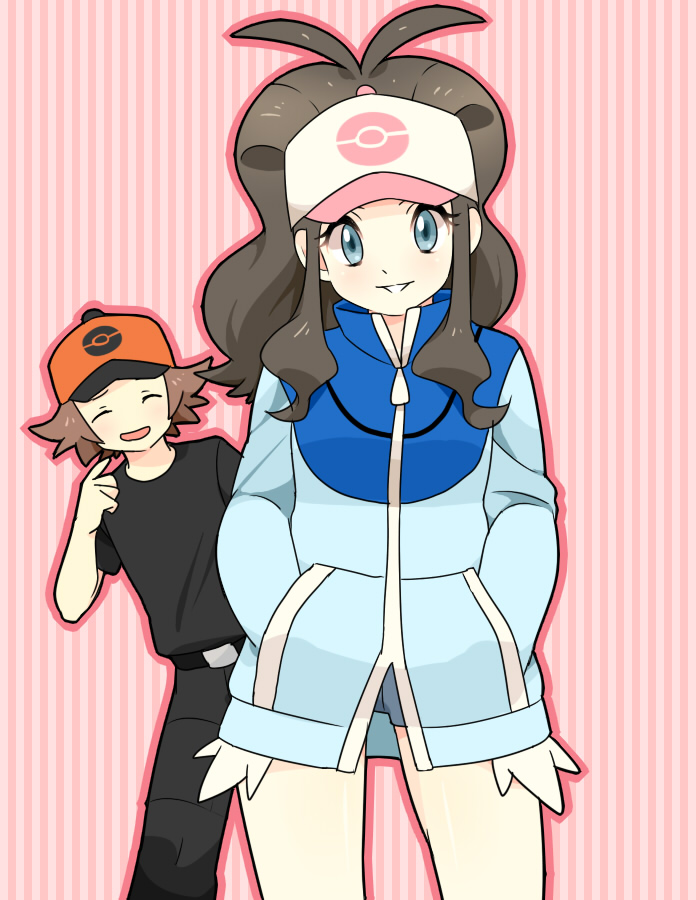 1girl, alternate_costume, bare_legs, baseball_cap, blue_eyes, blush, brown_hair, hands_in_pockets