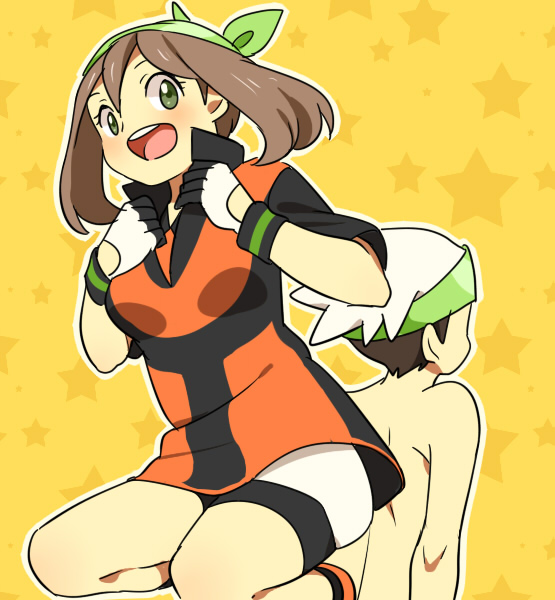 1girl, alternate_costume, bare_legs, bike_shorts, black_hair, blush, couple, gloves