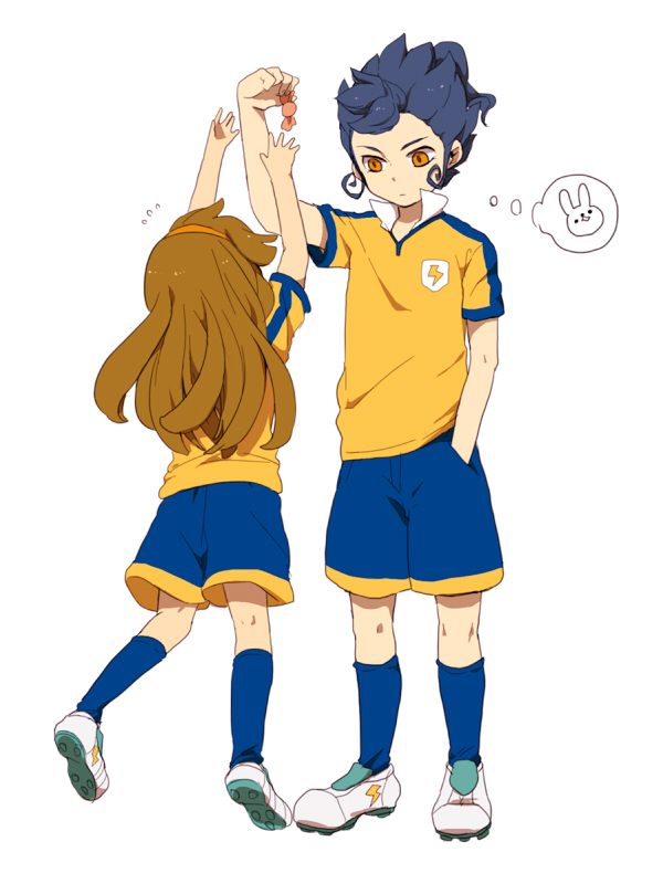 1girl, blue_hair, blue_legwear, brown_hair, candy, gym_shorts, hairband, inazuma_eleven