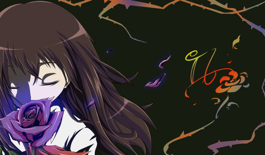brown_hair, closed_eyes, eve_(ib), eyes_closed, flower, ib, ib_(ib), long_hair